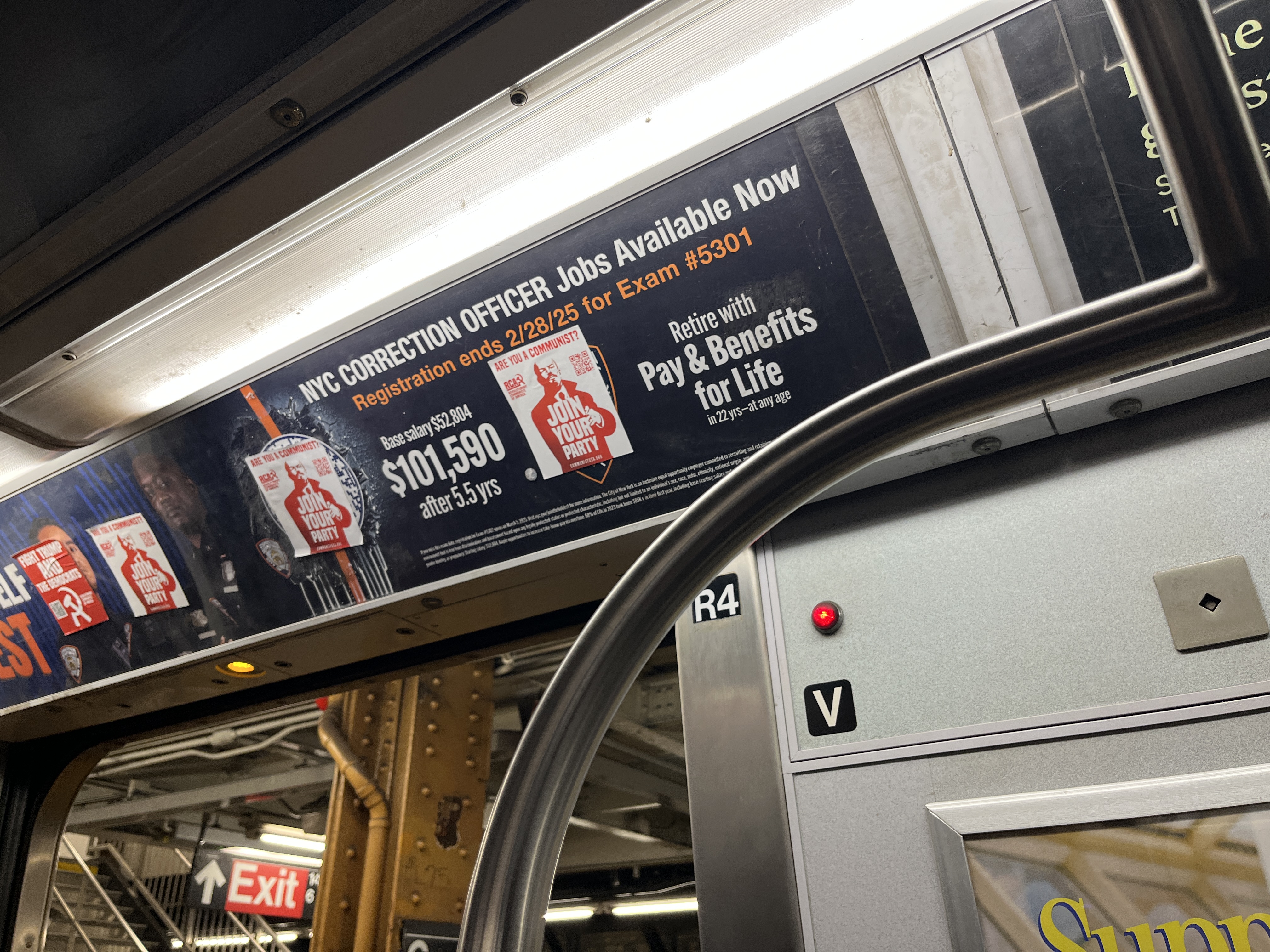 subway ad hiring corrections officers with communist party stickers overlaid
